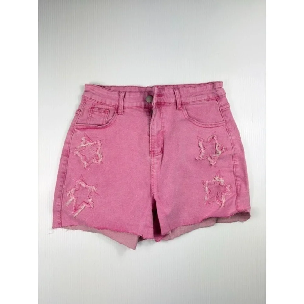 Y2K Pink Denim Two‎ Piece Set Crop Vest Raw Hem Star Cutout Shorts Size Small